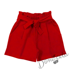 Комплект за момиче от къси панталони в червено и блуза в бяло 5