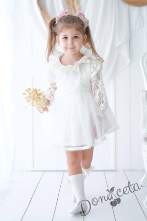 Официална детска рокля в бяло с дантелени ръкави Ребека 1