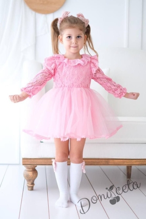 Официална бебешка/детска рокля в розово с дантелени ръкави Ребека 1