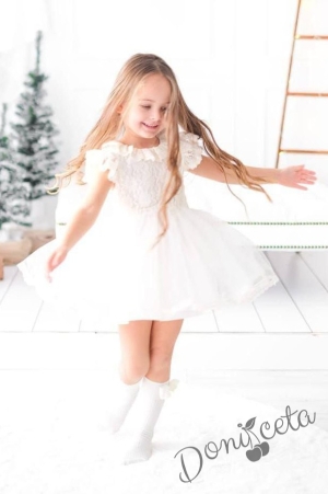 Официална бебешка/детска рокля с дантела в бяло с къс ръкав