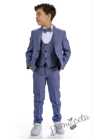 Официален детски костюм за момче от 5 части със сако в сиво-синьо 00003839222