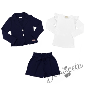 Комплект за момиче от 3 части- сако и панталони в тъмносиньо и блуза в бяло