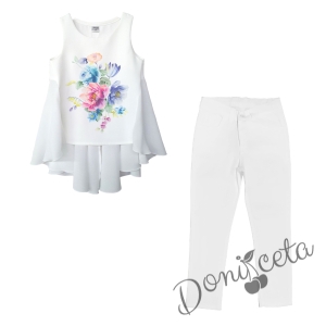 Комплект от туника в бяло с цветя и бял панталон 1