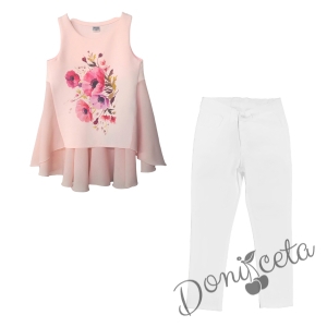 Комплект от туника в прасковено с цветя и бял панталон