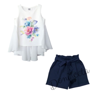 Детски комплект от къси панталони в тъмносиньо и туника в бяло с цветя 1