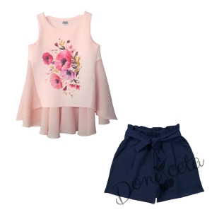 Детски комплект от къси панталони в тъмносиньо и туника в прасковено с цветя 1