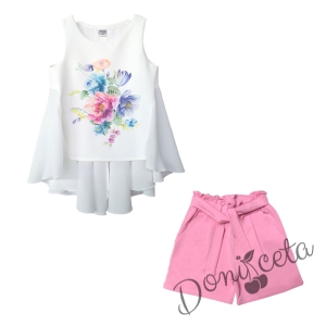 Детски комплект от къси панталони в розово и туника в бяло с цветя 1