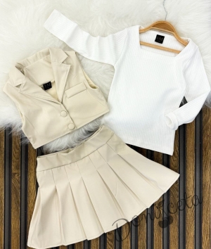 Детски комплект за момиче от 3 части- пола и елек в екрю и блуза в бяло Венера 1