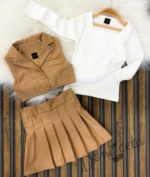 Детски комплект за момиче от 3 части- пола и елек в кафяво и блуза в бяло Венера