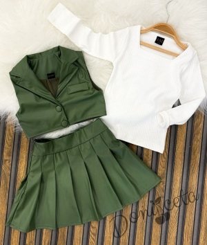 Детски комплект за момиче от 3 части- пола и сако в зелено и блуза в бяло Венера 2