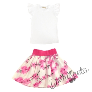 Комплект за момиче от 2 части - блуза в бяло и пола с розови цветя