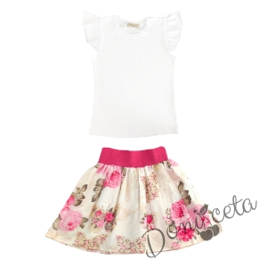 Комплект за момиче от 2 части - блуза в бяло и пола с розови цветя и пеперуди 1