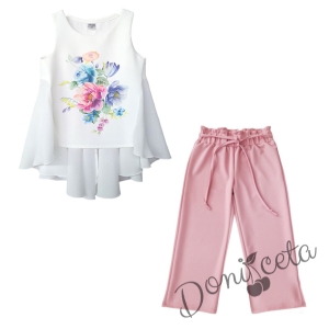 Комплект от панталон рипс в розово с тънък колан и туника в бяло на цветя 1