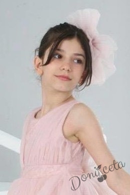 Официална детска дълга рокля в цвят пудра с тюл без ръкав и шлейф Виола 2