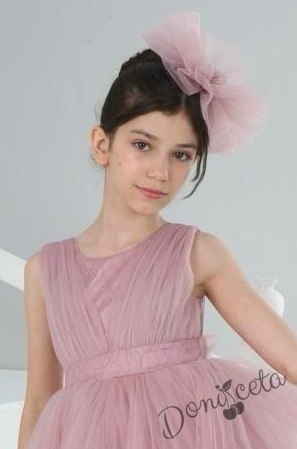 Официална детска дълга рокля в цвят пепел от рози с тюл без ръкав и шлейф Виола 2