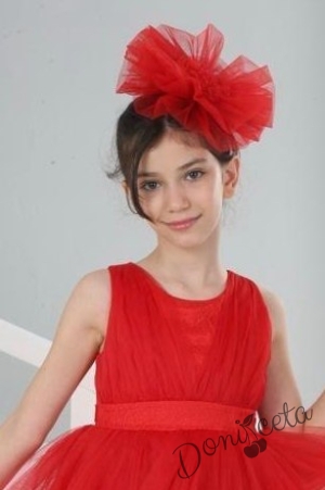 Официална детска дълга рокля в червено с тюл без ръкав и шлейф Виола 2