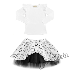 Комплект от пола в бяло на ноти и блуза с дълъг ръкав в бяло с къдрички