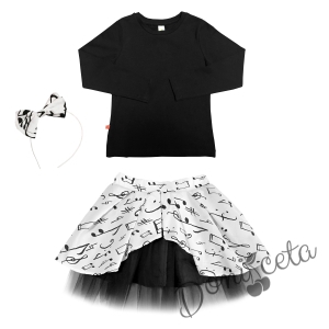 Комплект от пола в бяло на ноти и блуза с дълъг ръкав в черно и диадема 1