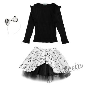 Комплект от пола в бяло на ноти, релефна блуза с дълъг ръкав в черно и диадема