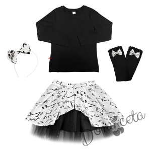 Комплект от пола в бяло на ноти, блуза с дълъг ръкав в черно, диадема и чорапи