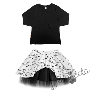 Комплект от пола в бяло на ноти, блуза с дълъг ръкав в черно, диадема и чорапи 3