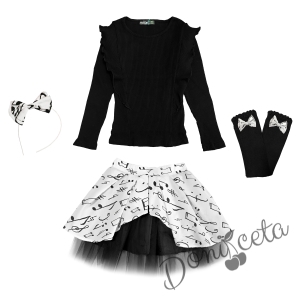Комплект от пола в бяло на ноти, релефна блуза с дълъг ръкав в черно, диадема и чорапи