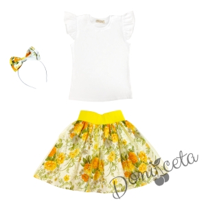 Комплект за момиче от 3 части - блуза в бяло, пола в жълто и диадема