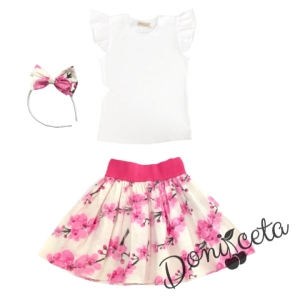 Комплект за момиче от 3 части - блуза в бяло, пола с розови цветя и диадема