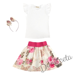 Комплект за момиче от 3 части - блуза в бяло, пола с розови цветя и пеперуди и цветя 1