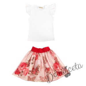 Комплект за момиче от 3 части - блуза в бяло, пола с червени цветя и диадема 2