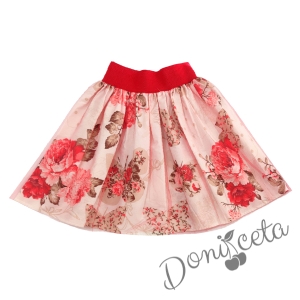 Комплект за момиче от 3 части - блуза в бяло, пола с червени цветя и диадема 4
