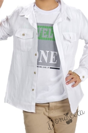 Комплект за момче от 3 части - тениска и риза в бяло и панталон в бежово 2