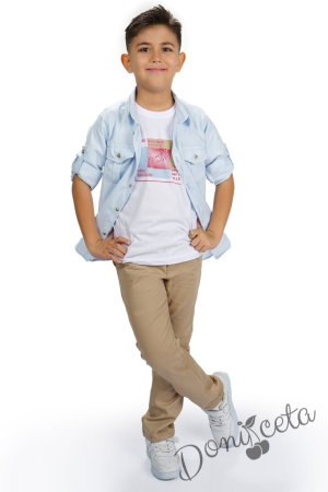 Комплект за момче от 3 части - тениска в бяло, риза в светлосиньо и панталон в бежово