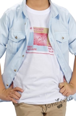 Комплект за момче от 3 части - тениска в бяло, риза в светлосиньо и панталон в бежово 2