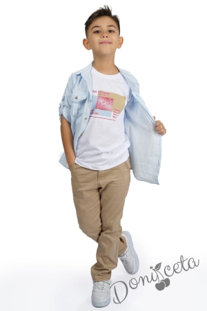 Комплект за момче от 3 части - тениска в бяло, риза в светлосиньо и панталон в бежово 4