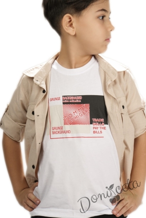 Комплект за момче от 3 части - тениска в бяло, риза в бежово и панталон в черно 4