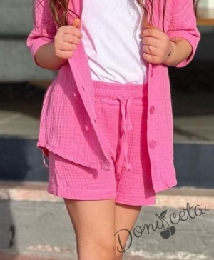 Комплект за момиче от 3 части - къси панталони и сако в розово и потник в бяло 4