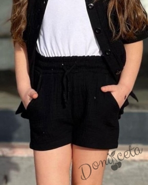 Комплект за момиче от 3 части - къси панталони и сако в черно и потник в бяло 4