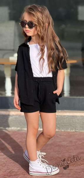 Комплект за момиче от 3 части - къси панталони и сако в черно и потник в бяло 5
