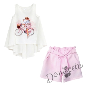 Комплект от къси панталонки в розово и туника в бяло с момиче