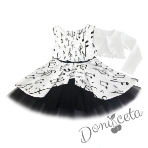 Комплект от детска рокля в бяло с черни ноти и болеро в бяло