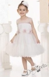 Официална детска/бебешка рокля в екрю с тюл и диадема за коса