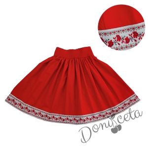 Комплект за момиче от 2 части- пола с етно мотиви и риза в бяло с червена панделка 3