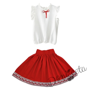 Комплект за момиче от 3 части- пола с етно мотиви, риза в бяло с червена панделка и диадема 2
