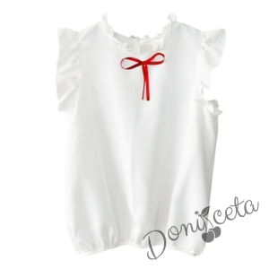 Комплект за момиче от 3 части- пола с етно мотиви, риза в бяло с червена панделка и диадема 3