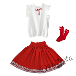 Комплект за момиче от 3 части- пола с етно мотиви, риза в бяло с червена панделка и чорапи 1
