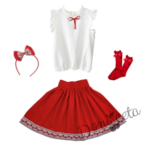 Комплект за момиче от 4 части- пола с етно мотиви, риза в бяло, диадема и чорапи