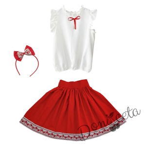 Комплект за момиче от 4 части- пола с етно мотиви, риза в бяло, диадема и чорапи 2