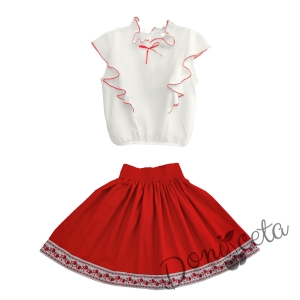 Комплект за момиче от 2 части- пола с етн1о мотиви и риза в бяло с червени къдрици 