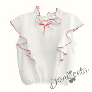 Комплект за момиче от 2 части- пола с етно мотиви и риза в бяло с червени къдрици 2
